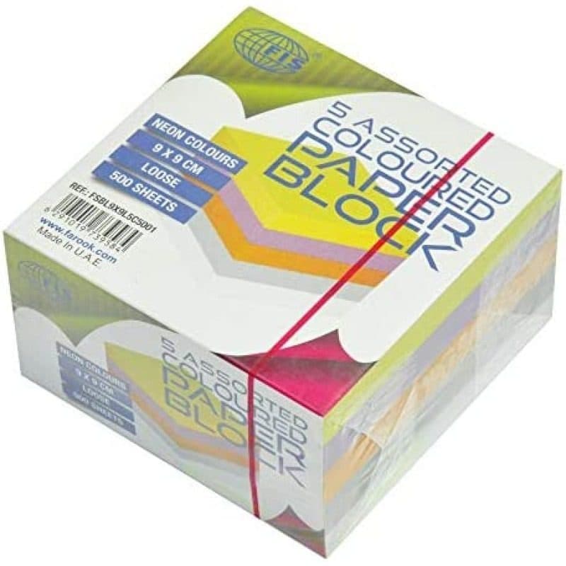 FIS Colored Paper Block FSBL9X9L5C5002M, 9×9 cm, 80 GSM, 500 Sheets – 5 Neon Colors