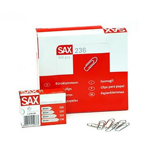 SAX 236 Paper Clips – 50mm, Pack of 100 | Durable Metal Office & School Clips