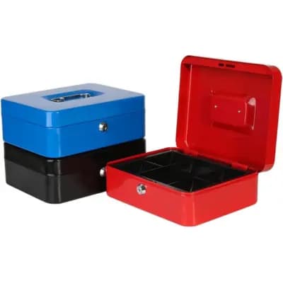 Secura 10-Inch Lockable Cash Box – Compact Steel Money Box With Coin Tray For Office, Retail & Home Use (Red, Blue, Black)