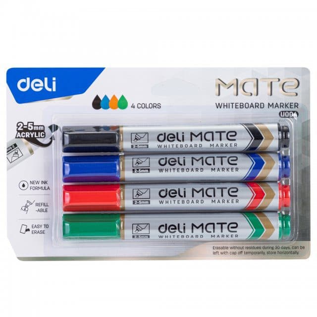 Deli U004 Whiteboard Markers – 4 Color Dry Erase Marker Set, Low Odor, Refillable Chisel Tip for Office, School & Home