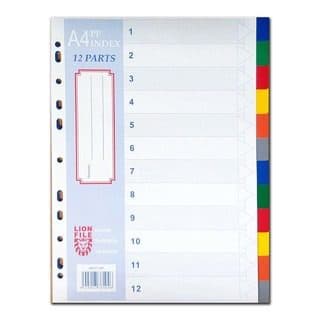 PVC Index Divider – A4 Size, 1–12 Colored Tabs – Durable 12-Part File Separator